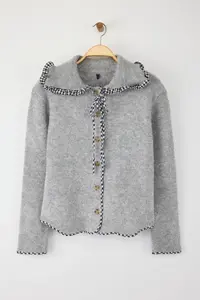 TRENDYOLMİLLA Gray Soft textured Garni Detailed Wide Pattern Coat Look Knitwear Cardigan - Image 7