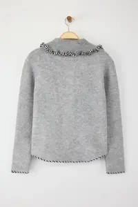 TRENDYOLMİLLA Gray Soft textured Garni Detailed Wide Pattern Coat Look Knitwear Cardigan - Image 8