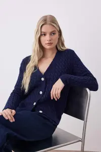 TRENDYOLMİLLA Navy Blue Button Detailed Soft textured V-neck Hair Knitting Knitwear Cardigan
