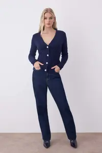 TRENDYOLMİLLA Navy Blue Button Detailed Soft textured V-neck Hair Knitting Knitwear Cardigan - Image 2