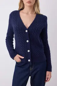 TRENDYOLMİLLA Navy Blue Button Detailed Soft textured V-neck Hair Knitting Knitwear Cardigan - Image 3