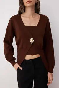 TRENDYOLMİLLA Brown Button Detailed 2 Sets Viral Knitwear Cardigan-Blouse Set - Image 3