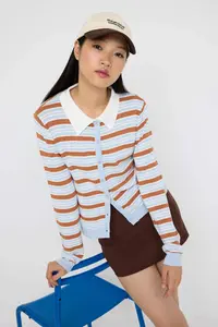 TRENDYOLMİLLA Teen Brown Crop Premium/Special Thread Color Blocked Fitted/Bodysuit hugging Knitwear Cardigan
