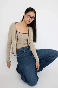 TRENDYOLMİLLA Teen Beige Premium Yarn/Special Yarn V-neck Fitted/Bodysuit hugging Knitwear Cardigan