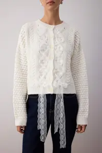 TRENDYOLMİLLA Ecru Crop Wide Pattern Hair Knitting Lace Garnished Detailed Soft Textured Knitwear Cardigan - Image 3