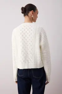 TRENDYOLMİLLA Ecru Crop Wide Pattern Hair Knitting Lace Garnished Detailed Soft Textured Knitwear Cardigan - Image 4