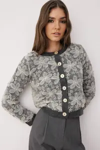TRENDYOLMİLLA Soft textured Knitwear Cardigan with Anthracite Lace Garnish - Image 2