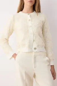 TRENDYOLMİLLA Ecru Lace Garnished Soft textured Knitwear Cardigan - Image 3