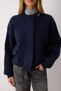 TRENDYOLMİLLA Navy Blue Zippered Premium Yarn/Special Yarn Wide Pattern Coat Look Knitwear Cardigan - Image 3