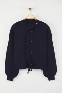 TRENDYOLMİLLA Navy Blue Zippered Premium Yarn/Special Yarn Wide Pattern Coat Look Knitwear Cardigan - Image 5