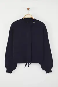 TRENDYOLMİLLA Navy Blue Zippered Premium Yarn/Special Yarn Wide Pattern Coat Look Knitwear Cardigan - Image 6