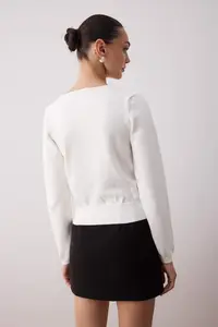 TRENDYOLMİLLA Ecru Crop Lace Garnished V-neck Premium/Special Yarn Knitwear Cardigan - Image 4