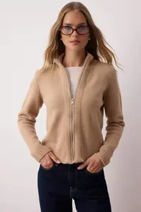 TRENDYOLMİLLA Mink Zippered Wool Blended Dog collar Soft textured Knitwear Cardigan