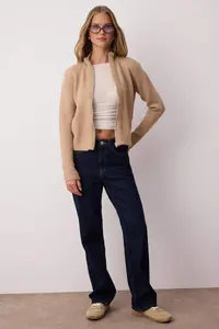 TRENDYOLMİLLA Mink Zippered Wool Blended Dog collar Soft textured Knitwear Cardigan - Image 2