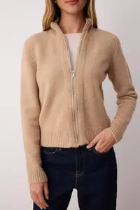 TRENDYOLMİLLA Mink Zippered Wool Blended Dog collar Soft textured Knitwear Cardigan - Image 3