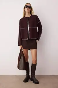 TRENDYOLMİLLA Brown Premium/Special Yarn Wide Pattern Bomber Jacket Jacket Collar Knitwear Cardigan - Image 2