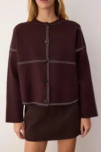 TRENDYOLMİLLA Brown Premium/Special Yarn Wide Pattern Bomber Jacket Jacket Collar Knitwear Cardigan - Image 3