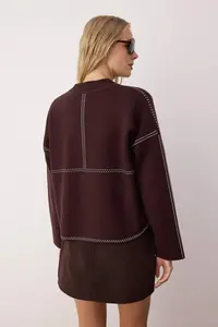 TRENDYOLMİLLA Brown Premium/Special Yarn Wide Pattern Bomber Jacket Jacket Collar Knitwear Cardigan - Image 4