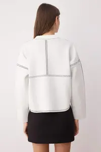 TRENDYOLMİLLA Ecru Premium/Special Yarn Wide Pattern Bomber Jacket Jacket Collar Knitwear Cardigan - Image 4