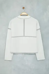 TRENDYOLMİLLA Ecru Premium/Special Yarn Wide Pattern Bomber Jacket Jacket Collar Knitwear Cardigan - Image 7