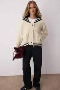 TRENDYOLMİLLA Beige Button Detailed Premium/Special Thread Wide Pattern Coat Look Woolly Knitwear Cardigan - Image 2