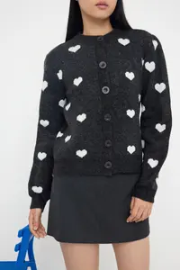 TRENDYOLMİLLA Teen Anthracite Heart Patterned Soft textured Knitwear Cardigan - Image 3