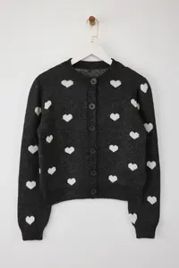 TRENDYOLMİLLA Teen Anthracite Heart Patterned Soft textured Knitwear Cardigan - Image 5