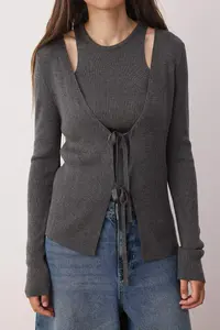 TRENDYOLMİLLA Anthracite V-neck Mercerized Look Knitwear Cardigan-Blouse Set - Image 4