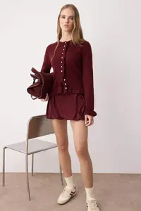 TRENDYOLMİLLA Burgundy Button Detailed Soft textured Knitwear Cardigan - Image 3