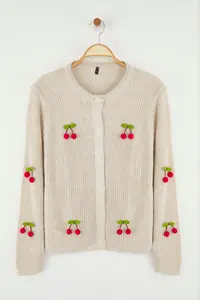 TRENDYOLMİLLA Teen Stone Fruit Embroidered Soft textured Knitwear Cardigan - Image 5