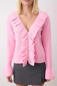 TRENDYOLMİLLA Pink Button and Ruffle Detailed V-neck Soft textured Knitwear Cardigan - Image 3