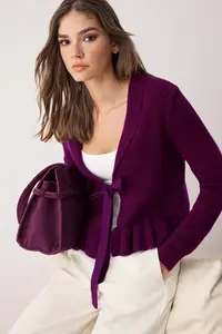 TRENDYOLMİLLA Plum Crop V-neck Soft textured with flywheel Knitwear Cardigan - Image 2