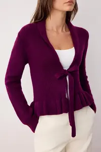 TRENDYOLMİLLA Plum Crop V-neck Soft textured with flywheel Knitwear Cardigan - Image 3