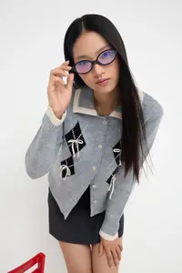 TRENDYOLMİLLA Teen Gray Premium/Special Yarn Baklava Patterned Ribbon Detailed Polo Shirt Collar Knitwear Cardigan