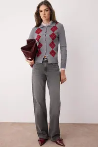 TRENDYOLMİLLA Gray Mercerized Look Premium/Special Yarn Baklava Patterned Polo Shirt Collar Knitwear Cardigan - Image 2