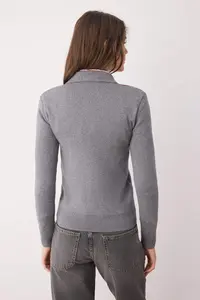 TRENDYOLMİLLA Gray Mercerized Look Premium/Special Yarn Baklava Patterned Polo Shirt Collar Knitwear Cardigan - Image 4