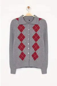 TRENDYOLMİLLA Gray Mercerized Look Premium/Special Yarn Baklava Patterned Polo Shirt Collar Knitwear Cardigan - Image 5