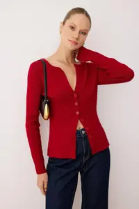 TRENDYOLMİLLA Red Premium Yarn/Special Yarn Fitted Woolly Knitwear Cardigan