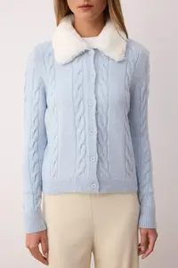 TRENDYOLMİLLA Mavi Crop/Short Fur Collared Hair Knitting Knitwear Cardigan - Image 3