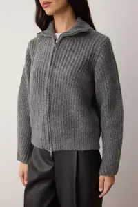 TRENDYOLMİLLA Wardrobe Essentials Anthracite Zippered Soft textured Wide Pattern Knitwear Cardigan| - Image 3