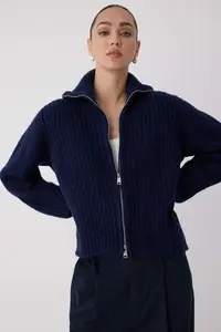 TRENDYOLMİLLA Wardrobe Essentials Navy Blue Zippered Soft textured Wide Pattern Knitwear Cardigan| - Image 3