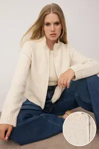 TRENDYOLMİLLA Stone Zippered Dog collar Soft textured Mink sequined Knitwear Cardigan