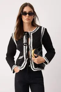 TRENDYOLMİLLA Black Color Blocked Embroidery Detailed Glitter Knitwear Cardigan