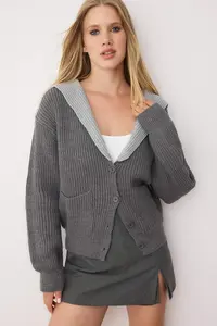 TRENDYOLMİLLA Anthracite Color Blocked Turn-down Collar Soft Textured Knitwear Cardigan
