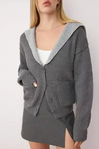 TRENDYOLMİLLA Anthracite Color Blocked Turn-down Collar Soft Textured Knitwear Cardigan - Image 3