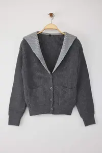 TRENDYOLMİLLA Anthracite Color Blocked Turn-down Collar Soft Textured Knitwear Cardigan - Image 5