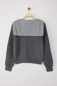 TRENDYOLMİLLA Anthracite Color Blocked Turn-down Collar Soft Textured Knitwear Cardigan - Image 6