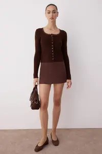 TRENDYOLMİLLA Brown Crop Lace Garnished Square Neck Soft textured Bodysuit hugging Knitwear Cardigan - Image 2