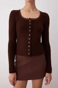 TRENDYOLMİLLA Brown Crop Lace Garnished Square Neck Soft textured Bodysuit hugging Knitwear Cardigan - Image 3