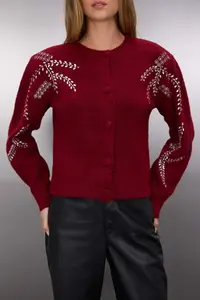 TRENDYOLMİLLA Burgundy Soft textured Stone Embroidered Knitwear Cardigan - Image 3